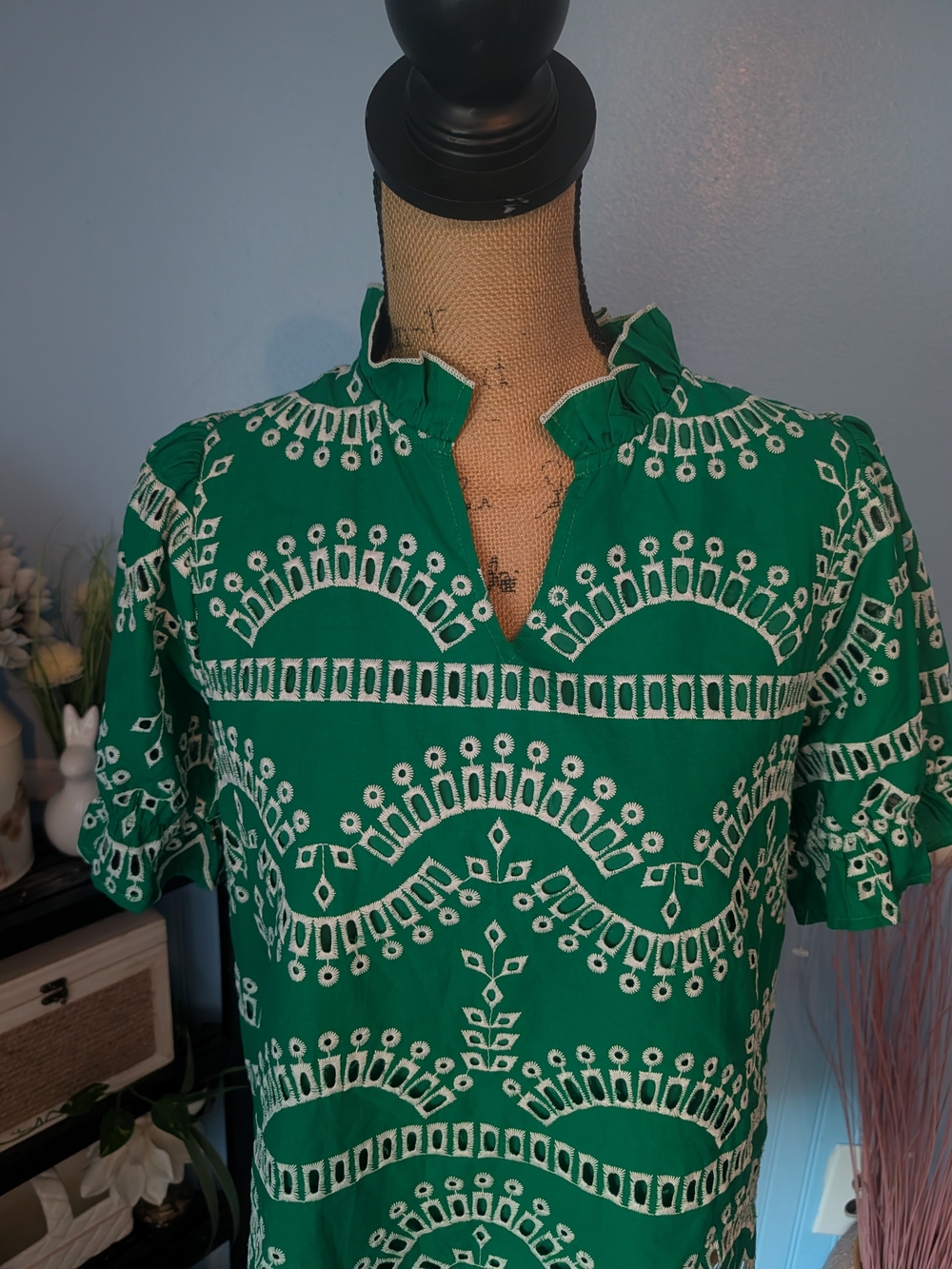 Umgee Green Patterned Ruffle Split-Neck Blouse - Picture 2 of 9